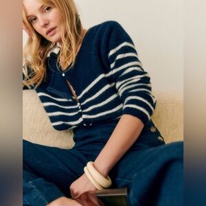 Sézane GASPARD Navy and White Striped Cardigan